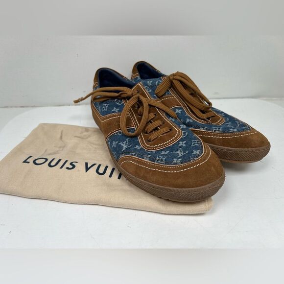RARE LOUIS VUITTON MONOGRAM BLUE BROWN SNEAKERS SHOES - Picture 1 of 10
